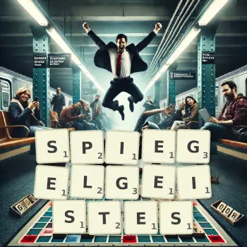 Kreative Illustration für ein Scrabble-Spiel, bei dem das Wort SPIEGELGEISTES mit Steinen auf dem Brett gelegt wurde.