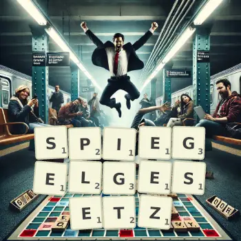 Kreative Illustration für ein Scrabble-Spiel, bei dem das Wort SPIEGELGESETZ mit Steinen auf dem Brett gelegt wurde.