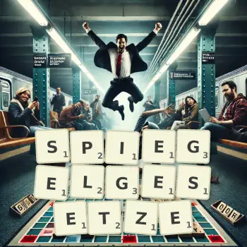 Kreative Illustration für ein Scrabble-Spiel, bei dem das Wort SPIEGELGESETZE mit Steinen auf dem Brett gelegt wurde.