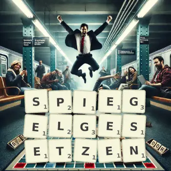 Kreative Illustration für ein Scrabble-Spiel, bei dem das Wort SPIEGELGESETZEN mit Steinen auf dem Brett gelegt wurde.