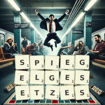 Kreative Illustration für ein Scrabble-Spiel, bei dem das Wort SPIEGELGESETZES mit Steinen auf dem Brett gelegt wurde.