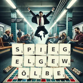 Kreative Illustration für ein Scrabble-Spiel, bei dem das Wort SPIEGELGEWÖLBE mit Steinen auf dem Brett gelegt wurde.