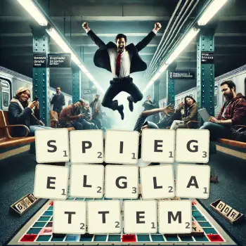 Kreative Illustration für ein Scrabble-Spiel, bei dem das Wort SPIEGELGLATTEM mit Steinen auf dem Brett gelegt wurde.