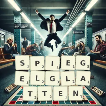Kreative Illustration für ein Scrabble-Spiel, bei dem das Wort SPIEGELGLATTEN mit Steinen auf dem Brett gelegt wurde.