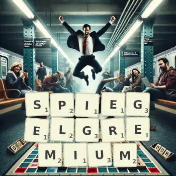Kreative Illustration für ein Scrabble-Spiel, bei dem das Wort SPIEGELGREMIUM mit Steinen auf dem Brett gelegt wurde.