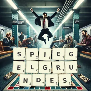 Kreative Illustration für ein Scrabble-Spiel, bei dem das Wort SPIEGELGRUNDES mit Steinen auf dem Brett gelegt wurde.
