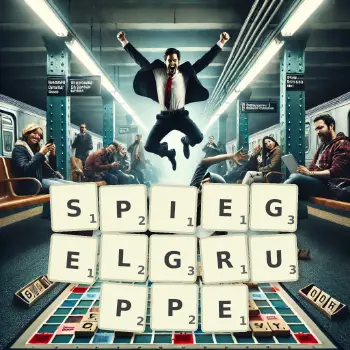 Kreative Illustration für ein Scrabble-Spiel, bei dem das Wort SPIEGELGRUPPE mit Steinen auf dem Brett gelegt wurde.