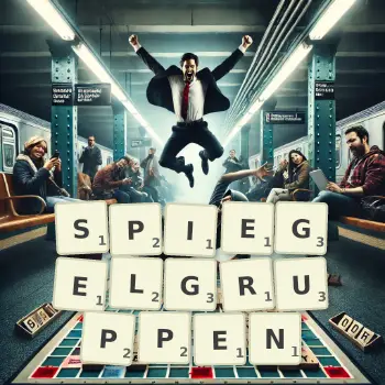 Kreative Illustration für ein Scrabble-Spiel, bei dem das Wort SPIEGELGRUPPEN mit Steinen auf dem Brett gelegt wurde.