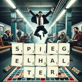 Kreative Illustration für ein Scrabble-Spiel, bei dem das Wort SPIEGELHALTER mit Steinen auf dem Brett gelegt wurde.