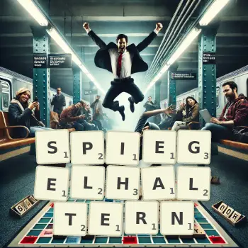 Kreative Illustration für ein Scrabble-Spiel, bei dem das Wort SPIEGELHALTERN mit Steinen auf dem Brett gelegt wurde.