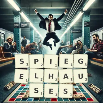 Kreative Illustration für ein Scrabble-Spiel, bei dem das Wort SPIEGELHAUSES mit Steinen auf dem Brett gelegt wurde.