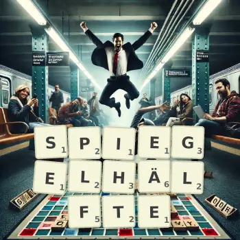 Kreative Illustration für ein Scrabble-Spiel, bei dem das Wort SPIEGELHÄLFTE mit Steinen auf dem Brett gelegt wurde.