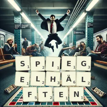 Kreative Illustration für ein Scrabble-Spiel, bei dem das Wort SPIEGELHÄLFTEN mit Steinen auf dem Brett gelegt wurde.