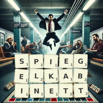 Kreative Illustration für ein Scrabble-Spiel, bei dem das Wort SPIEGELKABINETT mit Steinen auf dem Brett gelegt wurde.