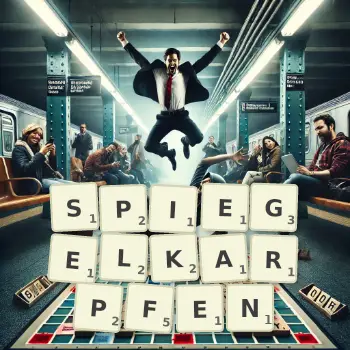 Kreative Illustration für ein Scrabble-Spiel, bei dem das Wort SPIEGELKARPFEN mit Steinen auf dem Brett gelegt wurde.
