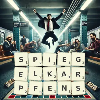 Kreative Illustration für ein Scrabble-Spiel, bei dem das Wort SPIEGELKARPFENS mit Steinen auf dem Brett gelegt wurde.