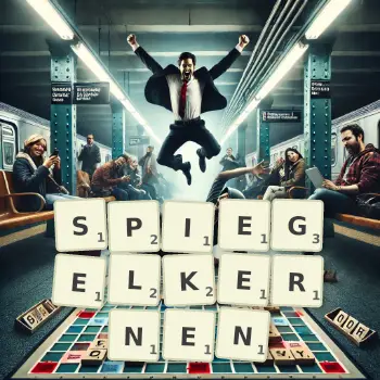 Kreative Illustration für ein Scrabble-Spiel, bei dem das Wort SPIEGELKERNEN mit Steinen auf dem Brett gelegt wurde.