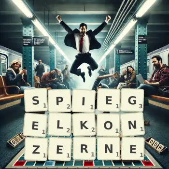 Kreative Illustration für ein Scrabble-Spiel, bei dem das Wort SPIEGELKONZERNE mit Steinen auf dem Brett gelegt wurde.