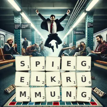 Kreative Illustration für ein Scrabble-Spiel, bei dem das Wort SPIEGELKRÜMMUNG mit Steinen auf dem Brett gelegt wurde.