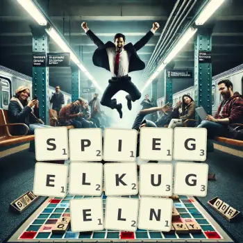 Kreative Illustration für ein Scrabble-Spiel, bei dem das Wort SPIEGELKUGELN mit Steinen auf dem Brett gelegt wurde.