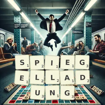 Kreative Illustration für ein Scrabble-Spiel, bei dem das Wort SPIEGELLADUNG mit Steinen auf dem Brett gelegt wurde.
