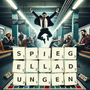 Kreative Illustration für ein Scrabble-Spiel, bei dem das Wort SPIEGELLADUNGEN mit Steinen auf dem Brett gelegt wurde.