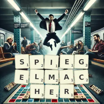 Kreative Illustration für ein Scrabble-Spiel, bei dem das Wort SPIEGELMACHER mit Steinen auf dem Brett gelegt wurde.