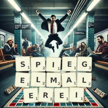 Kreative Illustration für ein Scrabble-Spiel, bei dem das Wort SPIEGELMALEREI mit Steinen auf dem Brett gelegt wurde.