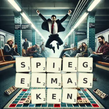 Kreative Illustration für ein Scrabble-Spiel, bei dem das Wort SPIEGELMASKEN mit Steinen auf dem Brett gelegt wurde.