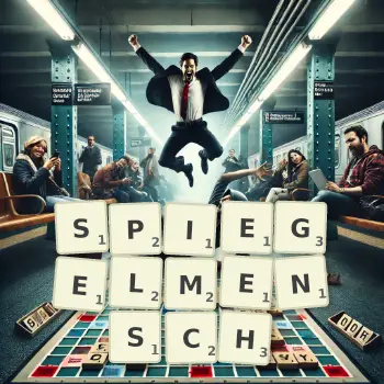 Kreative Illustration für ein Scrabble-Spiel, bei dem das Wort SPIEGELMENSCH mit Steinen auf dem Brett gelegt wurde.
