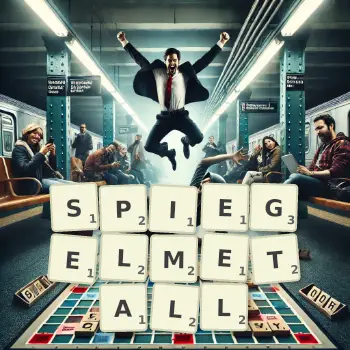 Kreative Illustration für ein Scrabble-Spiel, bei dem das Wort SPIEGELMETALL mit Steinen auf dem Brett gelegt wurde.