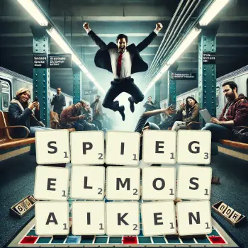 Kreative Illustration für ein Scrabble-Spiel, bei dem das Wort SPIEGELMOSAIKEN mit Steinen auf dem Brett gelegt wurde.