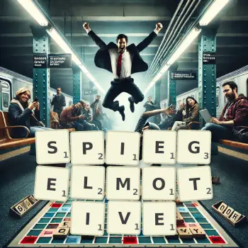 Kreative Illustration für ein Scrabble-Spiel, bei dem das Wort SPIEGELMOTIVE mit Steinen auf dem Brett gelegt wurde.