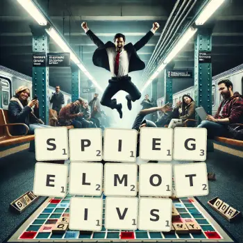 Kreative Illustration für ein Scrabble-Spiel, bei dem das Wort SPIEGELMOTIVS mit Steinen auf dem Brett gelegt wurde.