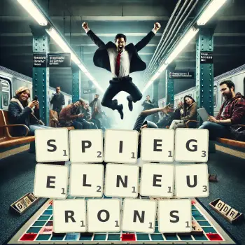 Kreative Illustration für ein Scrabble-Spiel, bei dem das Wort SPIEGELNEURONS mit Steinen auf dem Brett gelegt wurde.