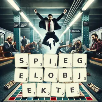 Kreative Illustration für ein Scrabble-Spiel, bei dem das Wort SPIEGELOBJEKTE mit Steinen auf dem Brett gelegt wurde.