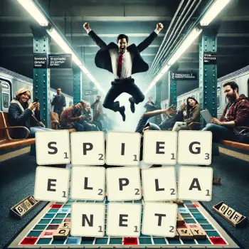 Kreative Illustration für ein Scrabble-Spiel, bei dem das Wort SPIEGELPLANET mit Steinen auf dem Brett gelegt wurde.