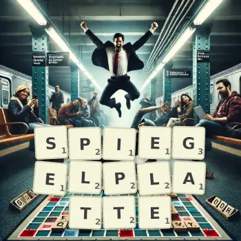 Kreative Illustration für ein Scrabble-Spiel, bei dem das Wort SPIEGELPLATTE mit Steinen auf dem Brett gelegt wurde.
