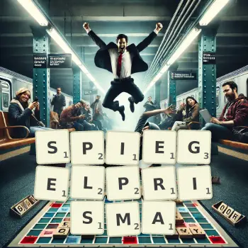 Kreative Illustration für ein Scrabble-Spiel, bei dem das Wort SPIEGELPRISMA mit Steinen auf dem Brett gelegt wurde.