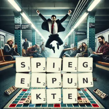 Kreative Illustration für ein Scrabble-Spiel, bei dem das Wort SPIEGELPUNKTE mit Steinen auf dem Brett gelegt wurde.