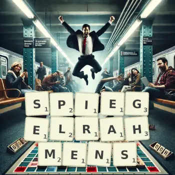 Kreative Illustration für ein Scrabble-Spiel, bei dem das Wort SPIEGELRAHMENS mit Steinen auf dem Brett gelegt wurde.