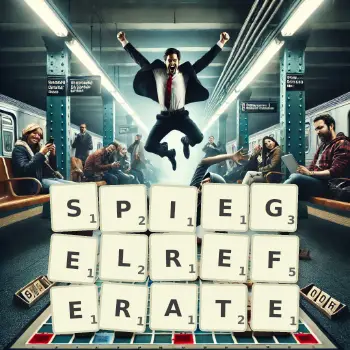 Kreative Illustration für ein Scrabble-Spiel, bei dem das Wort SPIEGELREFERATE mit Steinen auf dem Brett gelegt wurde.