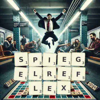 Kreative Illustration für ein Scrabble-Spiel, bei dem das Wort SPIEGELREFLEX mit Steinen auf dem Brett gelegt wurde.
