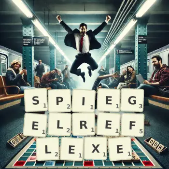 Kreative Illustration für ein Scrabble-Spiel, bei dem das Wort SPIEGELREFLEXE mit Steinen auf dem Brett gelegt wurde.