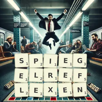 Kreative Illustration für ein Scrabble-Spiel, bei dem das Wort SPIEGELREFLEXEN mit Steinen auf dem Brett gelegt wurde.