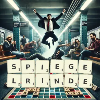 Kreative Illustration für ein Scrabble-Spiel, bei dem das Wort SPIEGELRINDE mit Steinen auf dem Brett gelegt wurde.