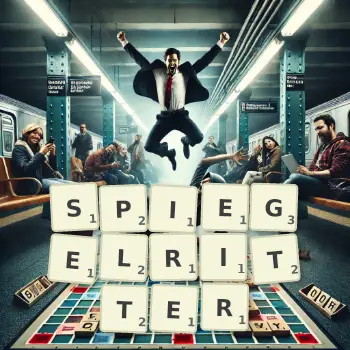 Kreative Illustration für ein Scrabble-Spiel, bei dem das Wort SPIEGELRITTER mit Steinen auf dem Brett gelegt wurde.