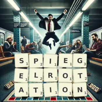 Kreative Illustration für ein Scrabble-Spiel, bei dem das Wort SPIEGELROTATION mit Steinen auf dem Brett gelegt wurde.