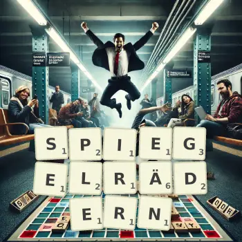 Kreative Illustration für ein Scrabble-Spiel, bei dem das Wort SPIEGELRÄDERN mit Steinen auf dem Brett gelegt wurde.