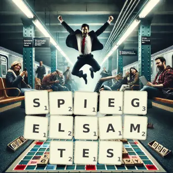 Kreative Illustration für ein Scrabble-Spiel, bei dem das Wort SPIEGELSAMTES mit Steinen auf dem Brett gelegt wurde.
